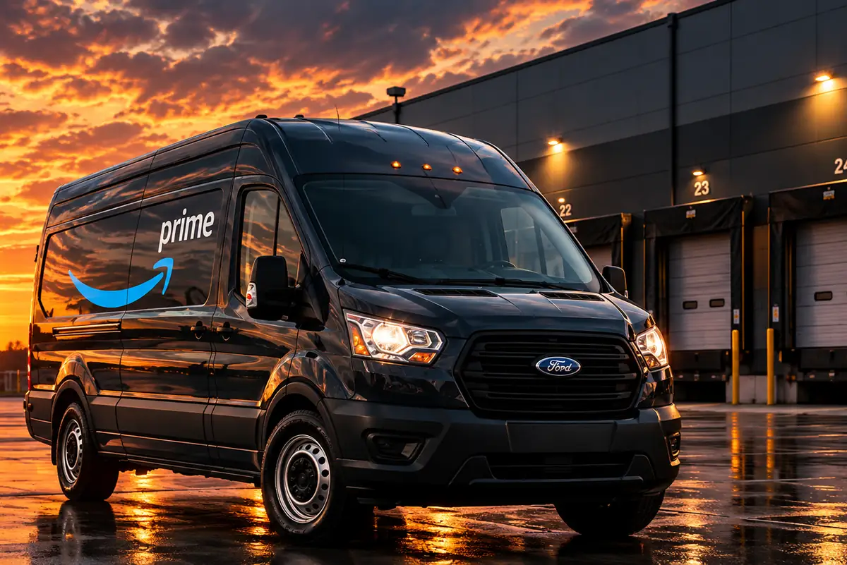 Black Amazon Prime delivery van parked at a warehouse loading dock at sunset